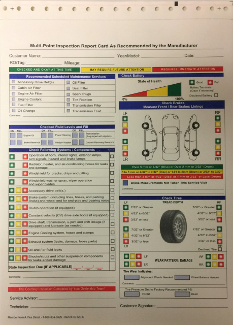 Multi-Point Inspection Report Card, 2 Part